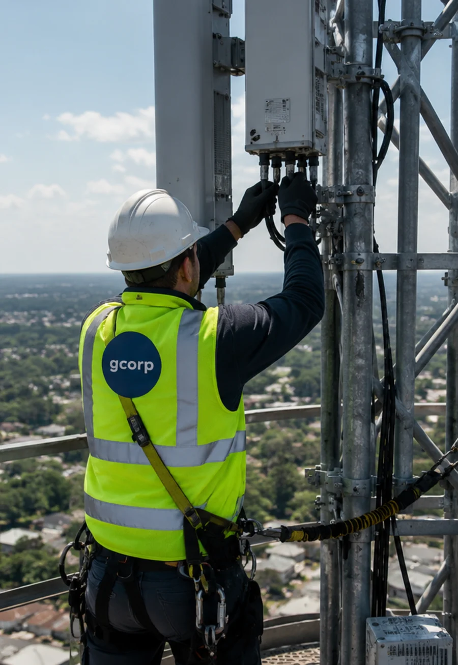 GCorp field engineer working on a cellular tower antenna at dusk