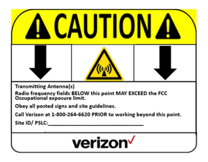 Caution — RF hazard, down arrows — Verizon RF safety sign