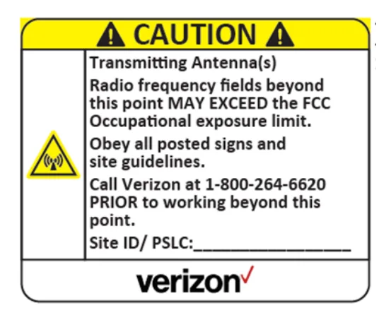 Yellow Caution — transmitting antennas — Verizon RF safety sign
