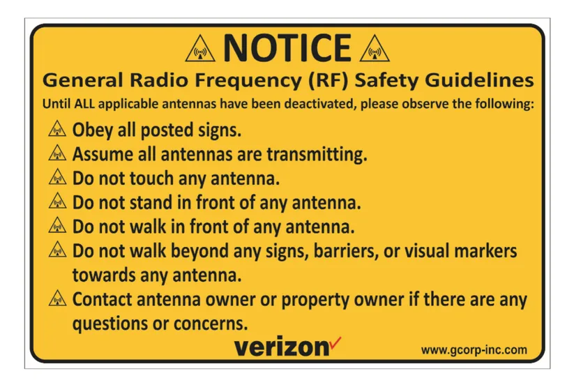 Yellow RF Safety Guidelines (NOC) — Verizon RF safety sign