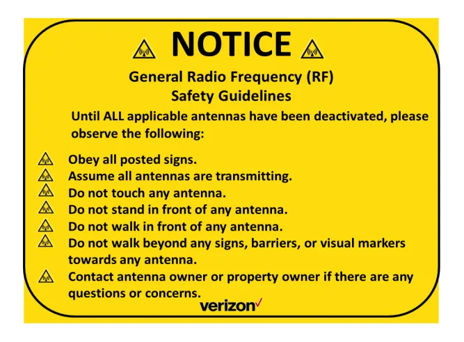 Yellow RF Safety Guidelines — Verizon RF safety sign