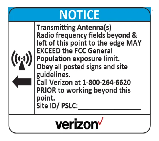 Notice — RF hazard, left arrow — Verizon RF safety sign