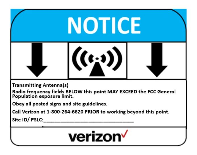 Notice — RF hazard, down arrows — Verizon RF safety sign