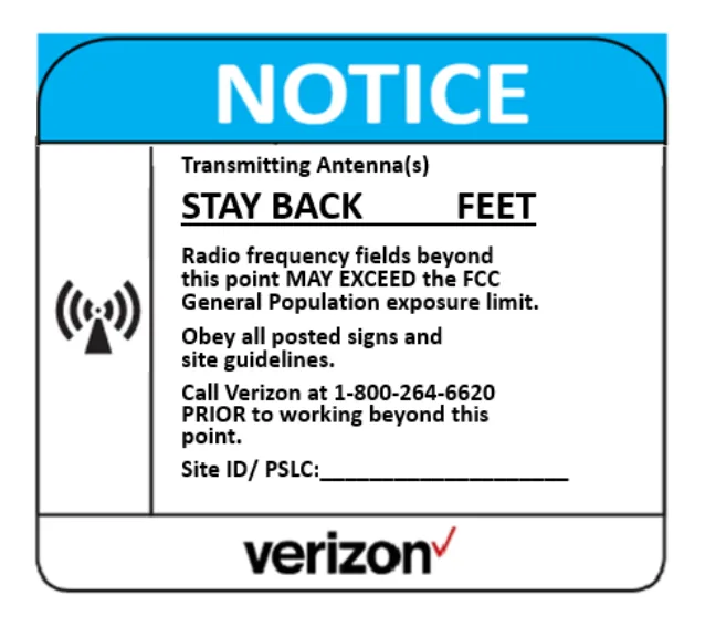 Notice — stay back (fill-in distance) — Verizon RF safety sign