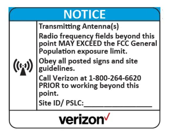 Blue Notice — transmitting antennas — Verizon RF safety sign