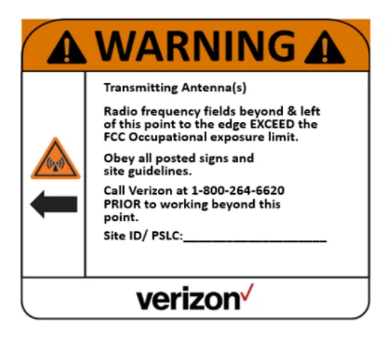 Warning — RF hazard, left arrow — Verizon RF safety sign