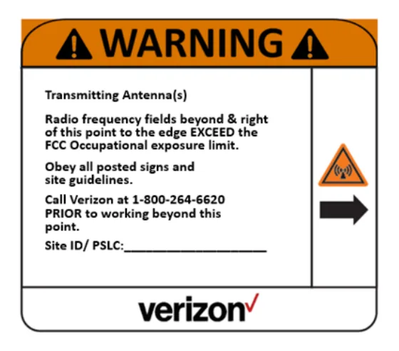 Warning — RF hazard, right arrow — Verizon RF safety sign