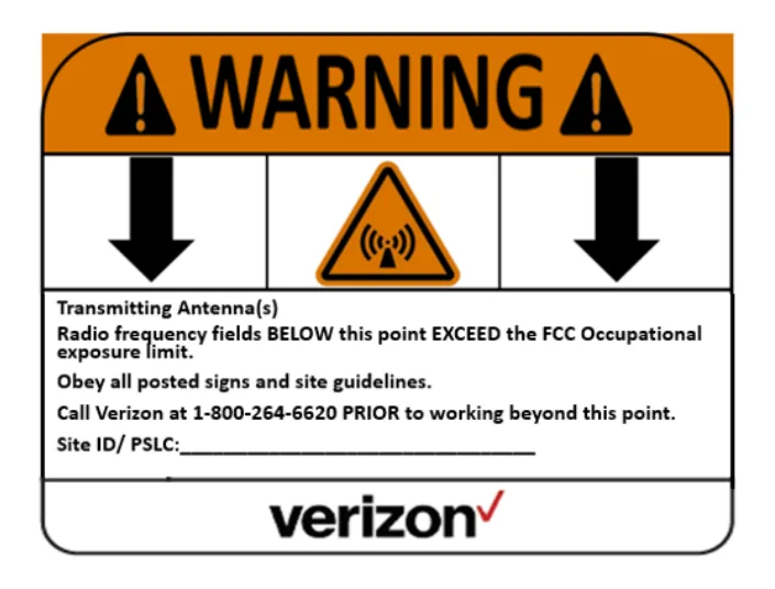 Warning — RF hazard, down arrows — Verizon RF safety sign