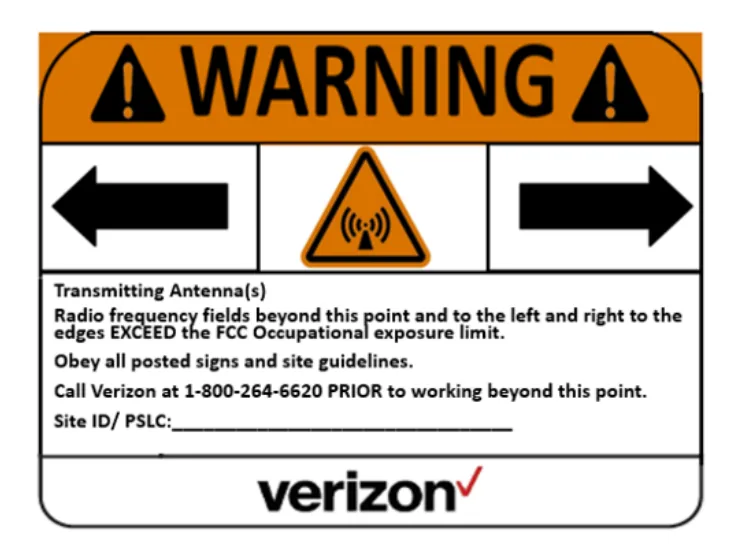 Warning — RF hazard, left & right arrows — Verizon RF safety sign