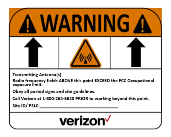 Warning — RF hazard, up arrows — Verizon RF safety sign